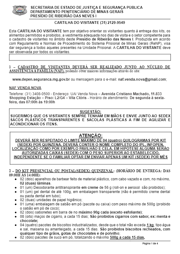 Lista do Kit Postal - Presídio Ribeirão das Neves 1 - Presídio Antônio Dutra Ladeira