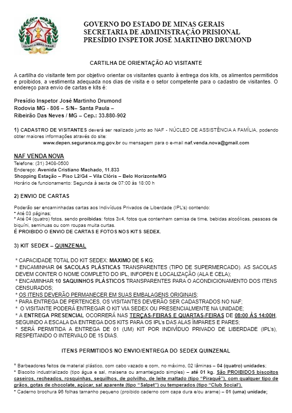 Lista do Kit - Presídio Ribeirão das Neves 2 - Presídio Inspetor José Martinho Drumond