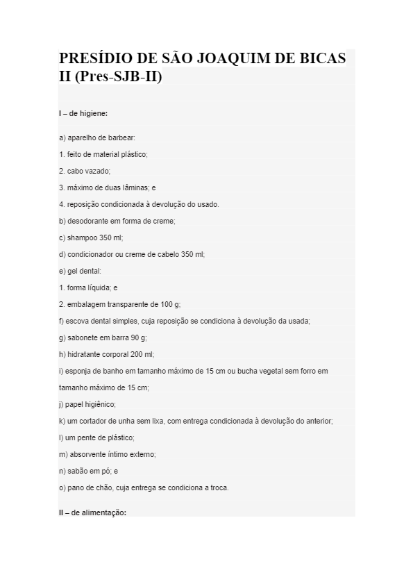Lista do Kit postal - Presídio de São Joaquim de Bicas 2