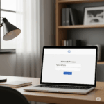 Laptop aberto em mesa de madeira exibindo site branco com campos 'Número do Processo', 'Nome da Parte' e botão 'Consultar', com ícone de balança no topo. Ambiente de home office moderno e iluminado.