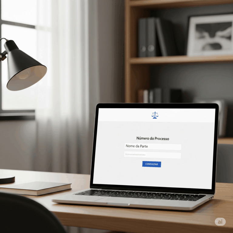 Laptop aberto em mesa de madeira exibindo site branco com campos 'Número do Processo', 'Nome da Parte' e botão 'Consultar', com ícone de balança no topo. Ambiente de home office moderno e iluminado.