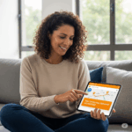 Mulher brasileira sorrindo em sofá moderno, segurando tablet com app 'Jumbo CDP' exibindo mapa de São Paulo e notificação 'Seu Jumbo foi entregue com sucesso!'