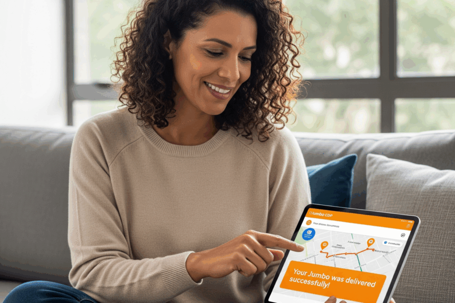 Mulher brasileira sorrindo em sofá moderno, segurando tablet com app 'Jumbo CDP' exibindo mapa de São Paulo e notificação 'Seu Jumbo foi entregue com sucesso!'