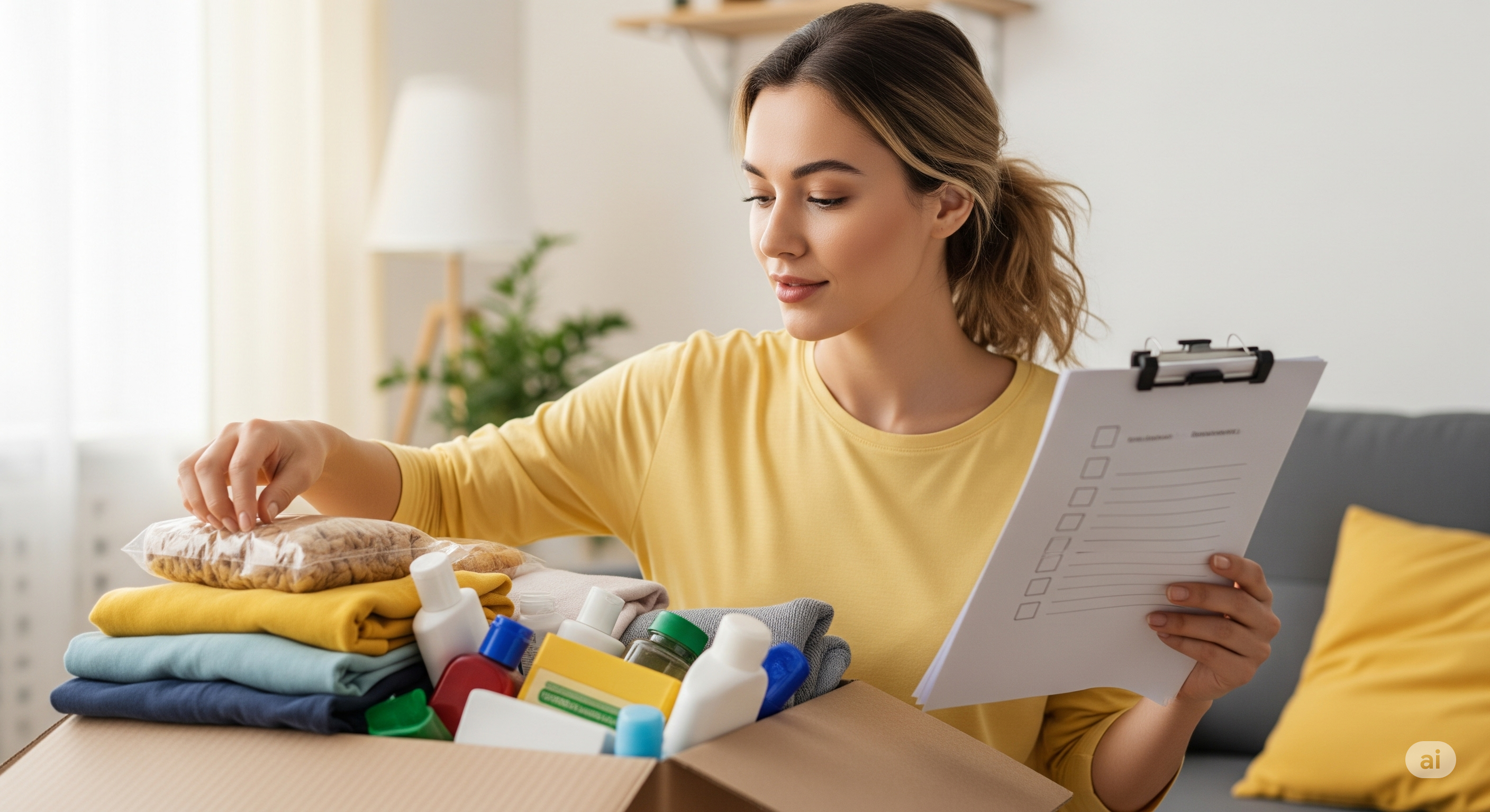 Mulher organizando uma caixa com itens de higiene, alimentos e roupas, seguindo checklist para enviar jumbo com segurança, com apoio da Jumbo CDP.
